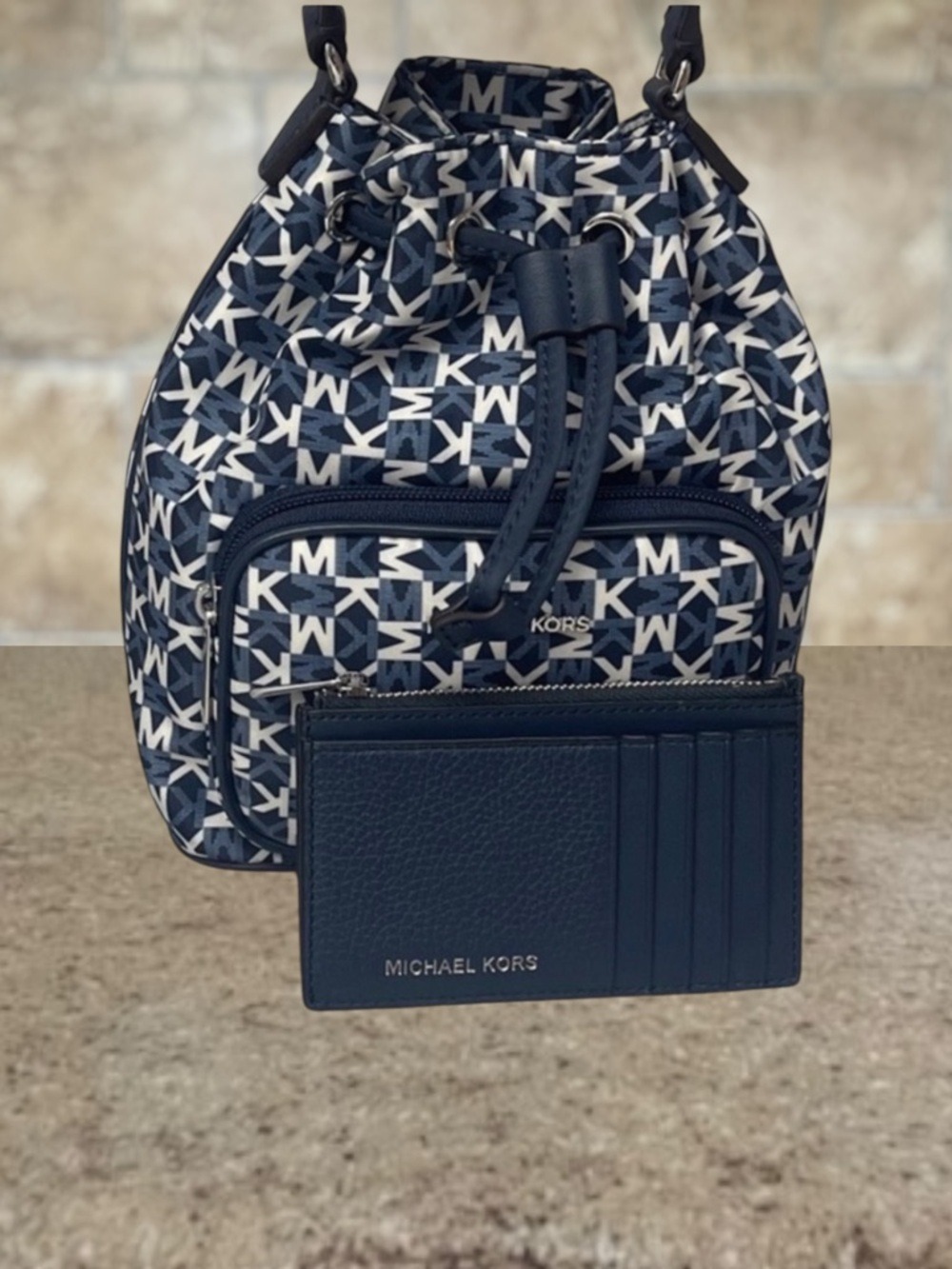 Michael Kors Khai Small Signature Signature Logo Bucket Bag & Wallet Set Navy